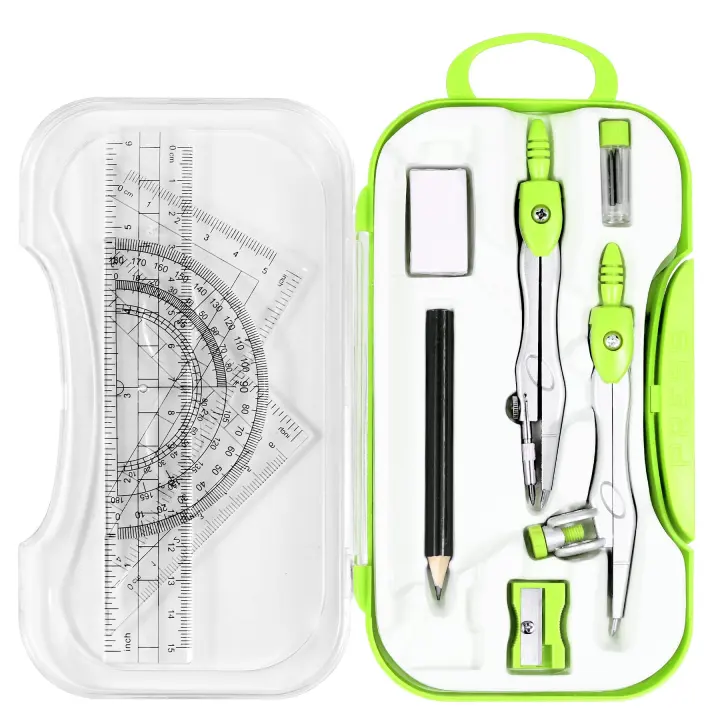 10-Piece Unjoo Geometry Kit — Compasses, Rulers & Protractors (Green)