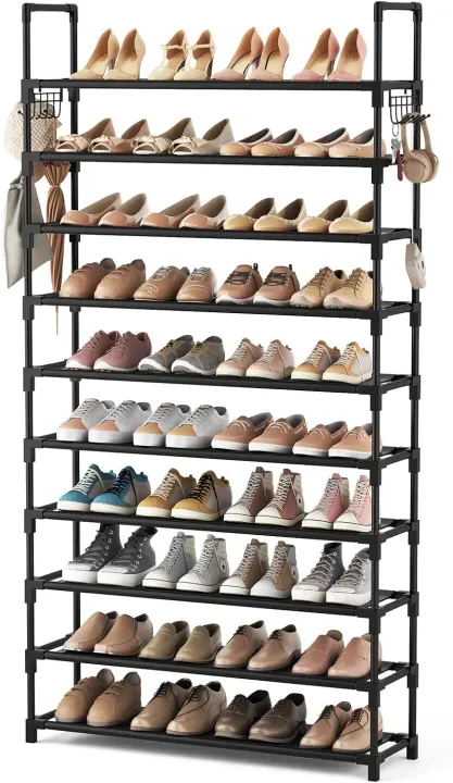10-Tier Tall Shoe Rack Organizer — Wide, High-Capacity Metal Frame with Hooks