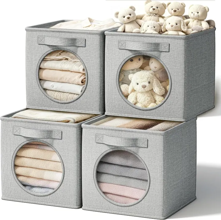 11-Inch Fabric Storage Cubes with Mesh Window — Gray 4-Pack