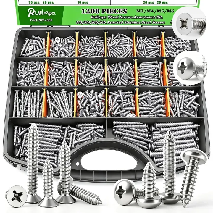 1200-Piece Stainless Steel Wood Screw Assortment Kit (M3–M6)