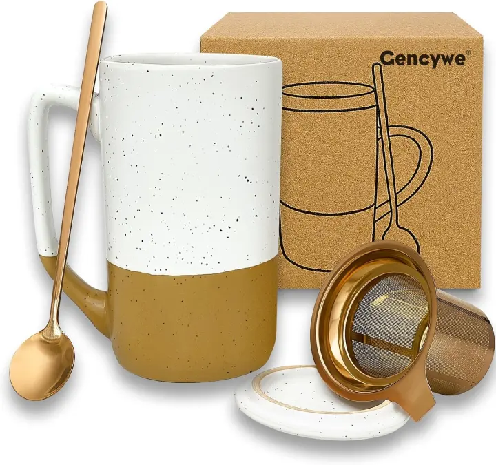 16 oz Ceramic Tea Mug with Removable Infuser, Spoon & Lid