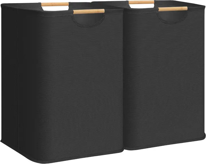 2-Pack Collapsible Laundry Hampers with Bamboo Handles — Black