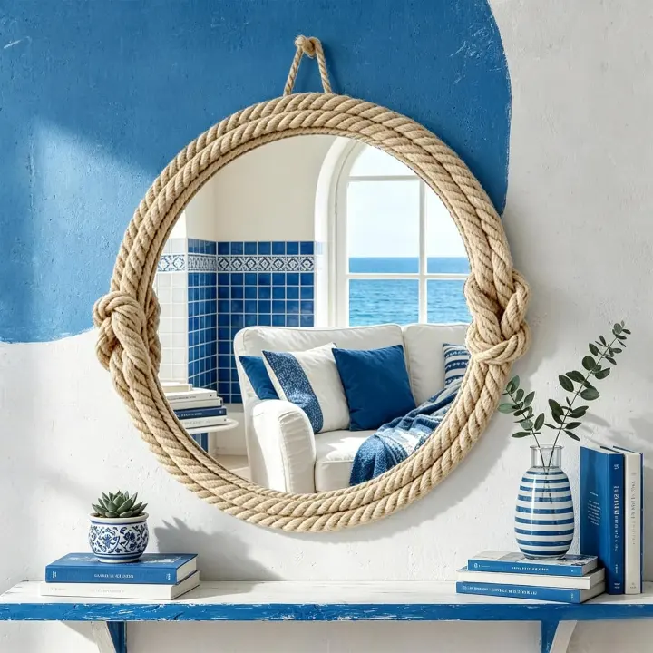 20" Round Jute Rope Wall Mirror — Coastal Farmhouse Hanging Mirror