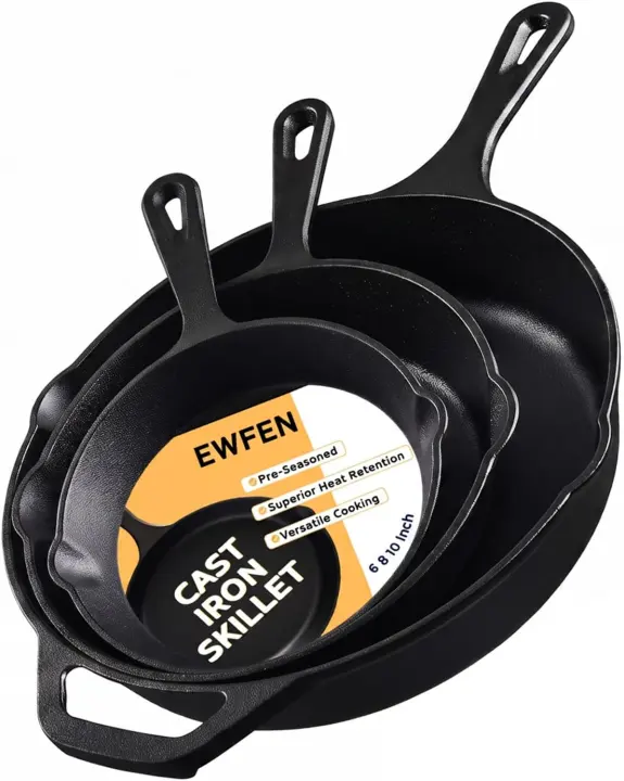 3-Piece Cast Iron Skillet Set — 6in, 8in & 10in Pre-Seasoned Pans