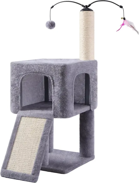 32" Indoor Cat Tree — 2-in-1 Condo with Sisal Scratching Post & Ramp