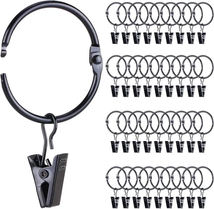 36 Openable Metal Curtain Rings with Clips — 1.26 in ID, Fits 0.5–1 in Rod