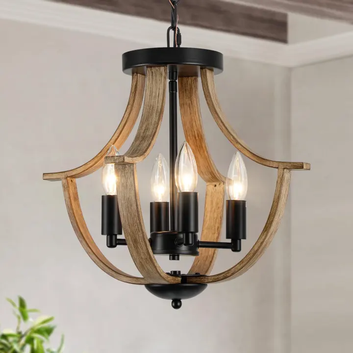 4-Light Farmhouse Faux-Wood Pendant Chandelier — Rustic Ceiling Fixture
