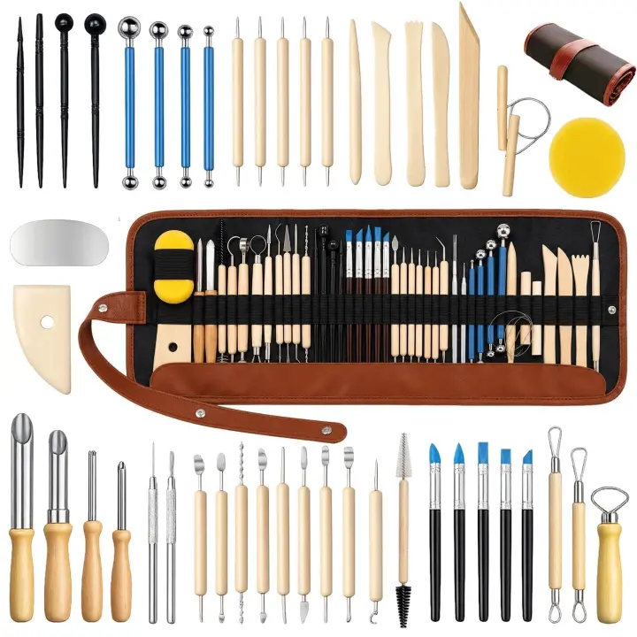 47-Piece Pottery Tool Set — Stainless Steel, Wooden & Silicone Tools