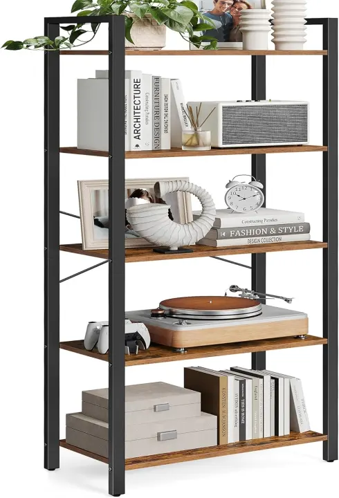 5-Tier Bookshelf — Rustic Brown Shelves with Black Steel Frame, 60.2 in H