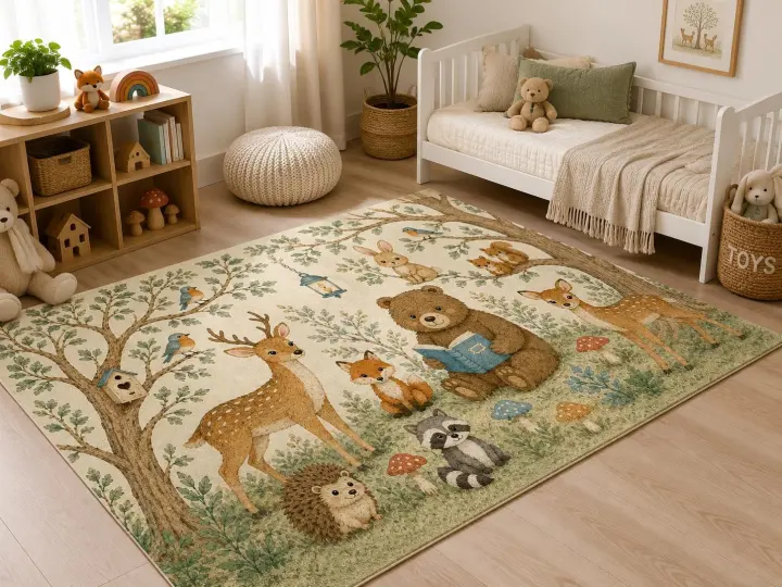 5' x 7' Woodland Nursery Area Rug — Low-Pile Kids' Playroom Carpet