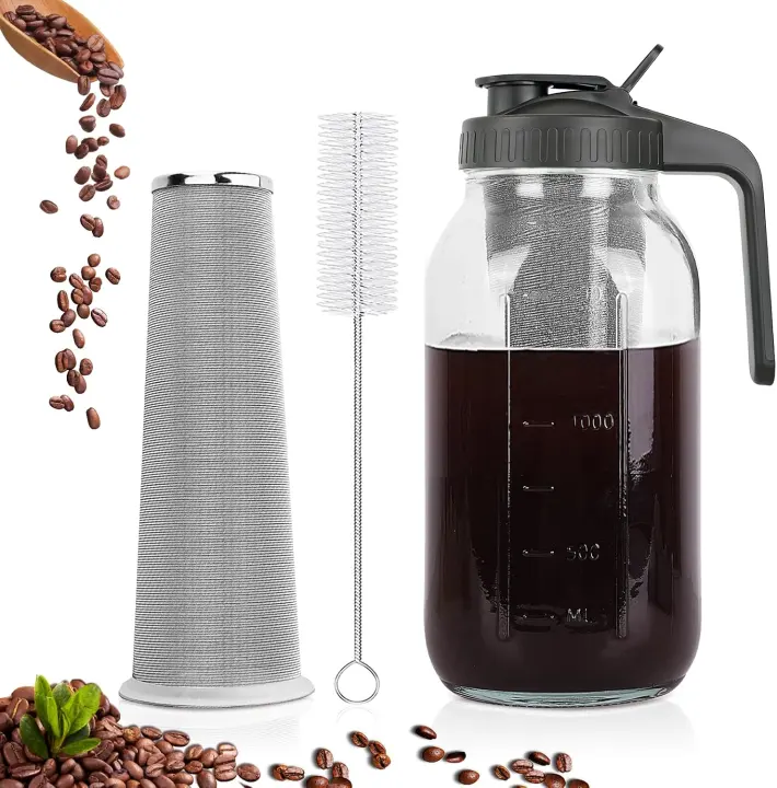 64 oz Mason Jar Cold Brew Pitcher with Stainless Steel Filter & Handle