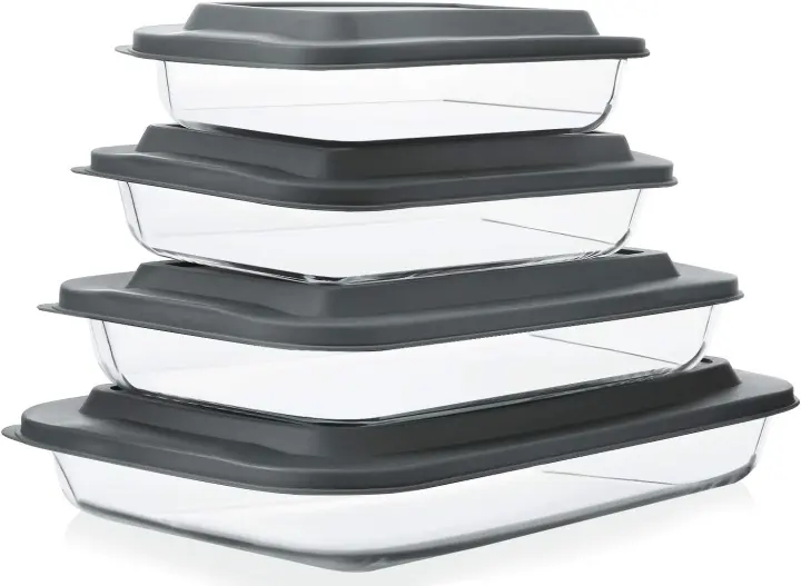 8-Piece Deep Glass Bakeware Set with Lids — Gray, BPA-Free