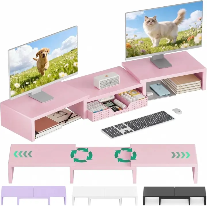 Adjustable Dual Monitor Riser with Drawer — Desk Organizer (Pink)