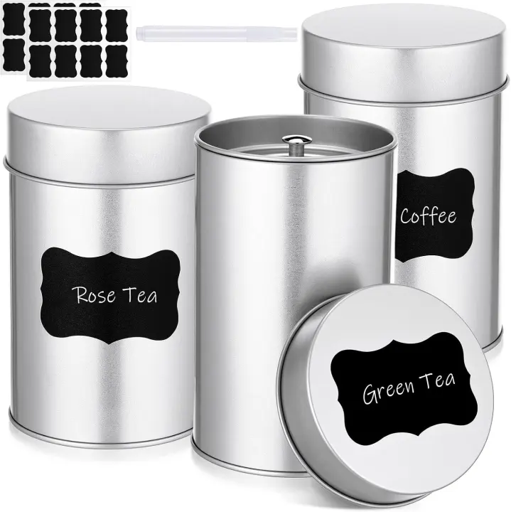 Airtight Metal Tea Tins — 6 Pack 14 oz Reusable Canisters, Black