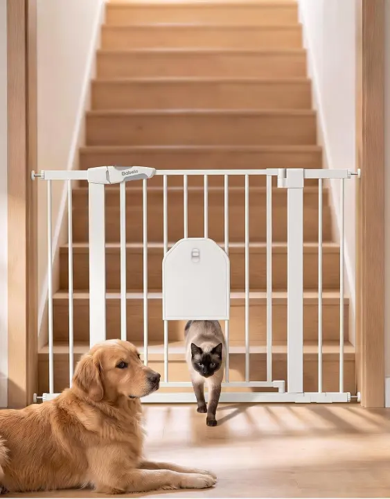 Auto-Close Metal Dog Gate with Built-In Pet Door (29–43 in)