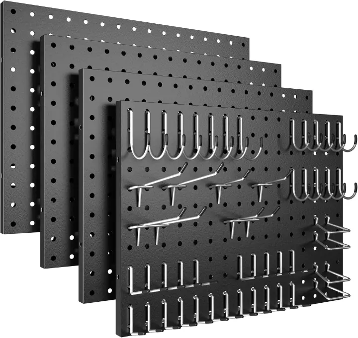 Black Metal Pegboard 4-Pack with 50 Hooks — Heavy-Duty Wall Panels