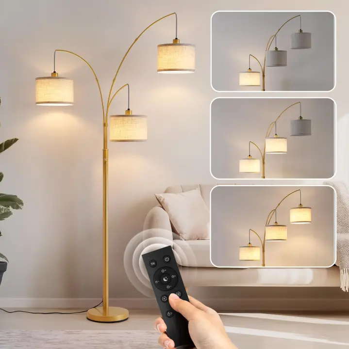 Dimmable 3-Head Arc Floor Lamp with Remote, Beige Shades — 80 in