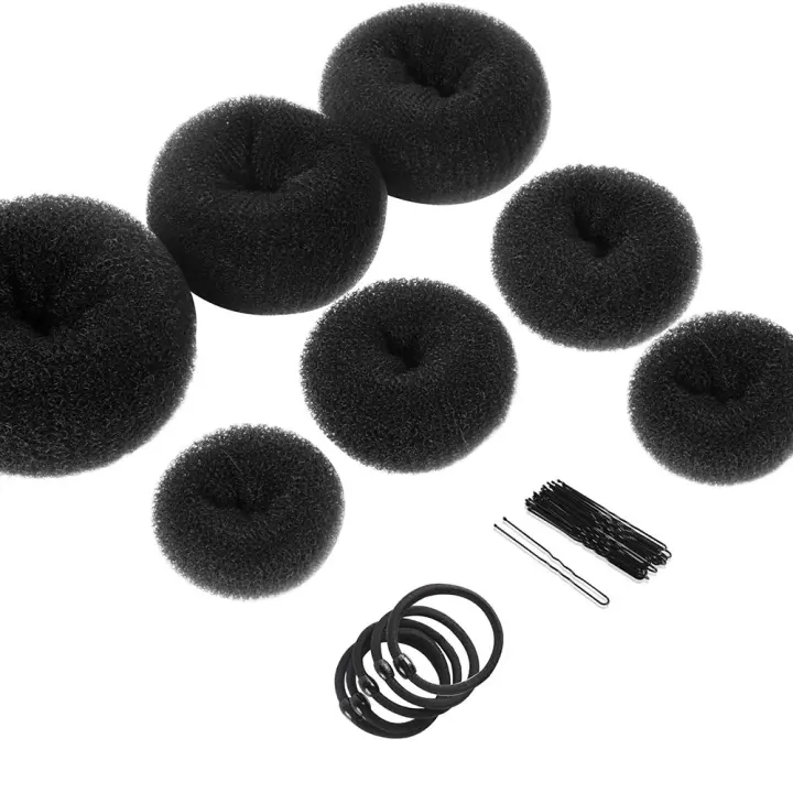 Donut Bun Hair Set — 7 Bun Makers with 5 Elastics & 20 Pins (Black)
