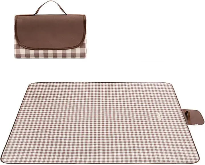 Foldable Waterproof Picnic Blanket with Carry Strap - 59 x 71 in (Coffee Grid)