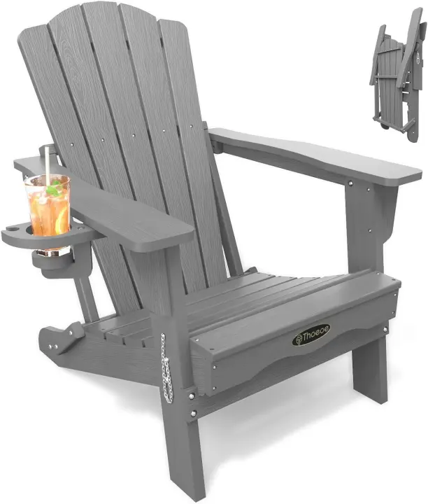 Folding Adirondack Chair — HDPE Outdoor Lounge Seat with Cup Holder