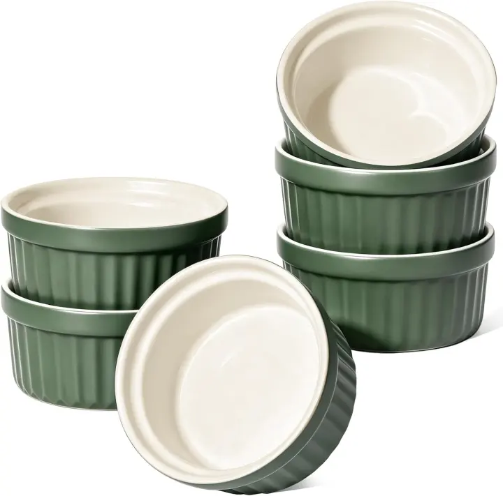 Forest Green Ceramic Ramekins — Set of 6, 4 oz Oven-Safe Custard Cups