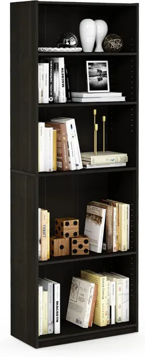 Furinno Jaya 5-Tier Tall Bookshelf — Adjustable Shelves, Espresso