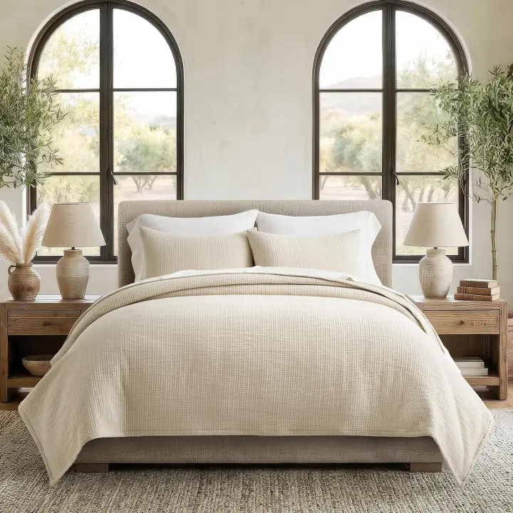 Gauze Matelassé Cotton Coverlet Set — Queen Size, Soft Oat