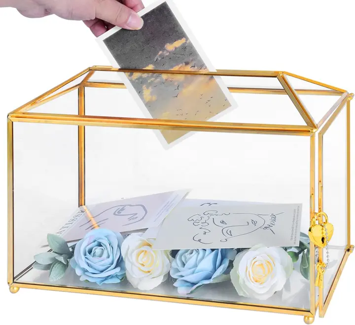 Glass Wedding Card Box with Lock — Large Gold Keepsake Display (12.6×5.9×9 in)