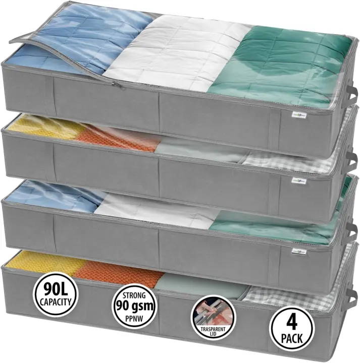 Grey Under-Bed Storage Bins — 4-Pack Closet Organizers