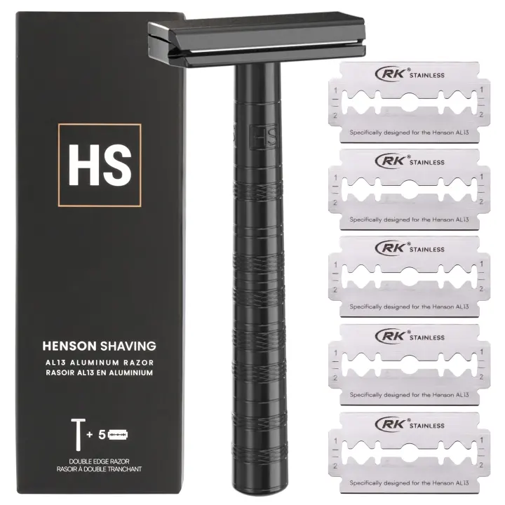 Henson AL13 Double-Edge Safety Razor — Jet Black with 5 Blades