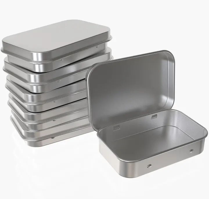 Hinged Mini Tin Storage Boxes — Silver Metal Rectangular, 6-Pack