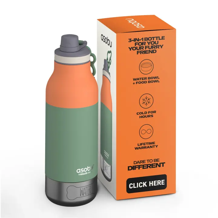 Insulated Dog Travel Bottle with Dual Removable Bowls — Stainless Steel