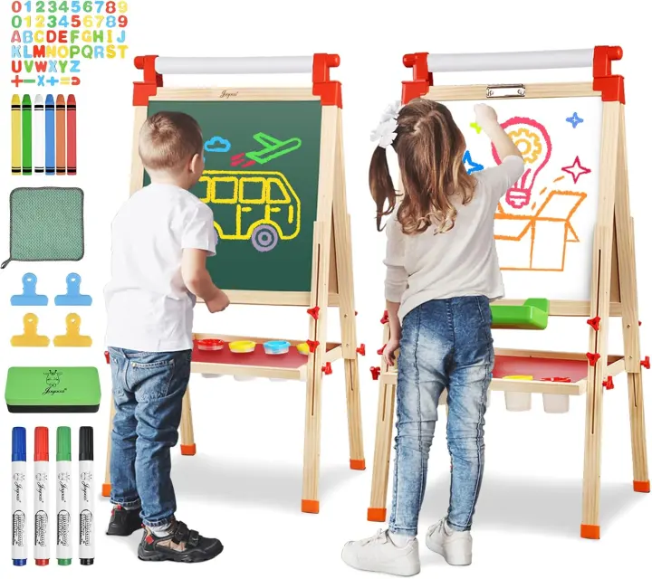 Kids Wooden Art Easel with Paper Roll — Double‑Sided Chalk & Magnetic Board