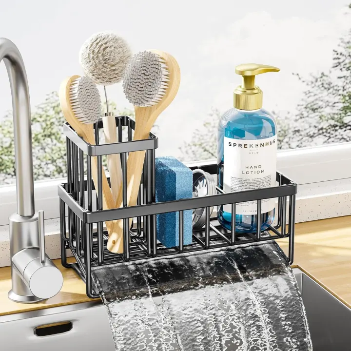 Kitsure 1-Tier Kitchen Sink Sponge Holder — 7.9" Drip Caddy, Black