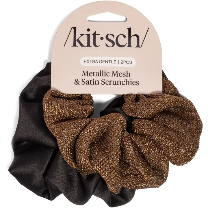 Metallic Mesh & Satin Recycled Scrunchies — 2-Pack (Black & Chocolate)