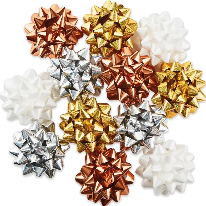 Metallic Ribbon Gift Bows, 12-Pack (Gold, Silver, Bronze, White)