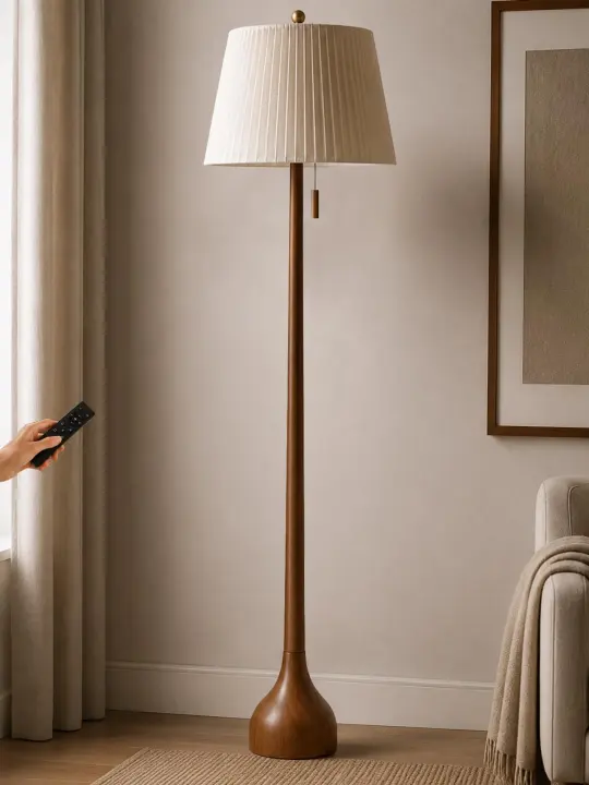 Mid-Century Solid Oak Floor Lamp — 65 in, Remote & Dual Shades