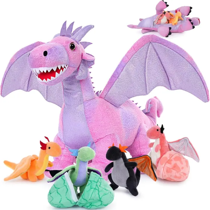 Pink Dragon Plush 7-Piece Set — 21.6" Mommy Dragon with Babies