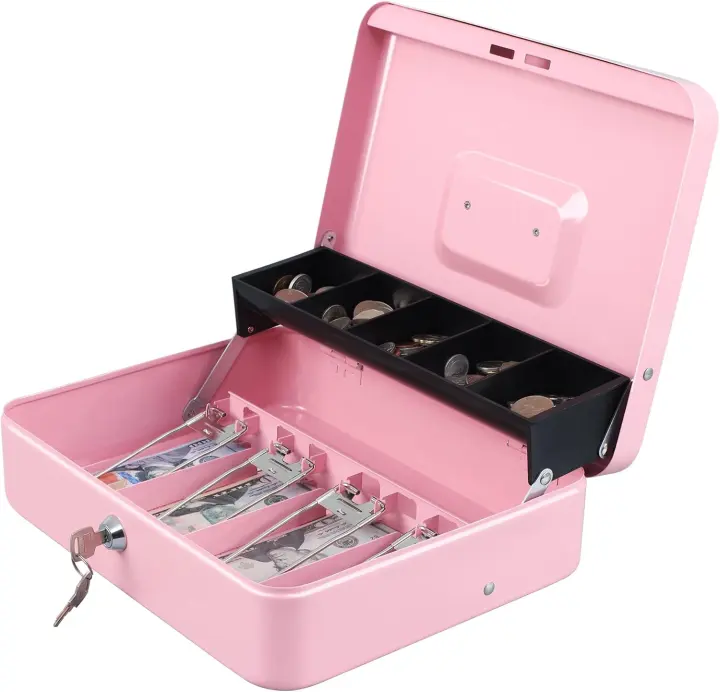 Pink Metal Cash Box with Key Lock and Cantilever Coin Tray