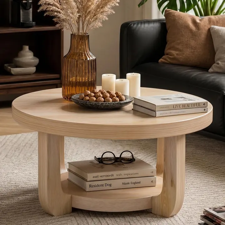 Round 2-Tier Coffee Table with Storage — Natural Wood Finish