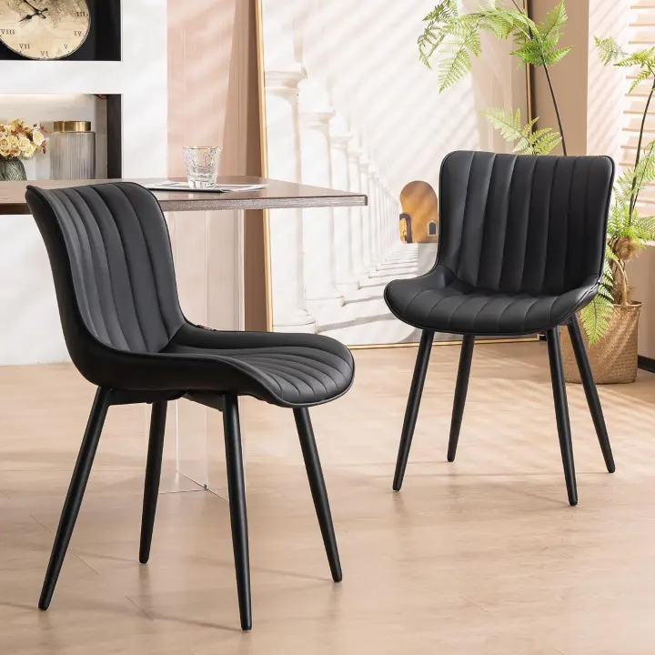Set of 2 Mid-Century Faux Leather Dining Chairs — Black
