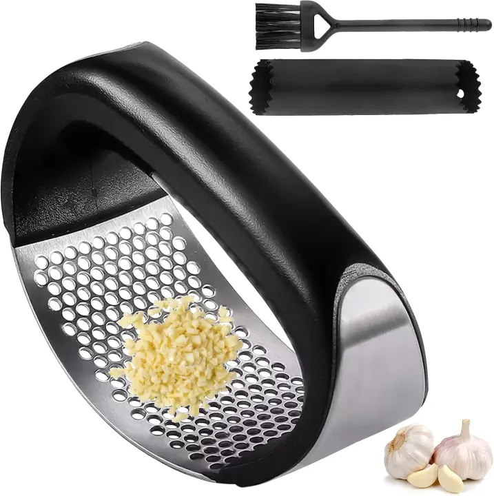 Stainless Steel Garlic Press — Durable Crusher with Peeler & Brush