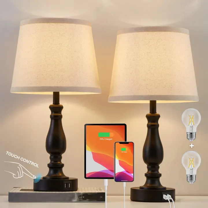 Touch Bedside Lamps (Set of 2) with USB-A & USB-C Ports