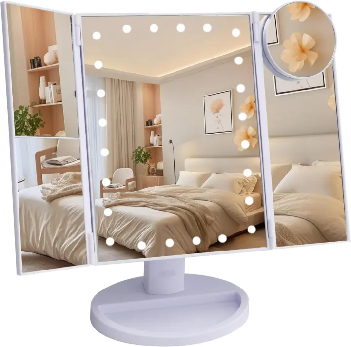 Tri-Fold LED Vanity Mirror with Multi-Magnification & Touch Lights