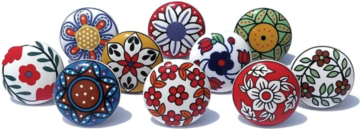 Vintage Multicolor Ceramic Pull Knobs — Set of 10 for Cabinets & Drawers