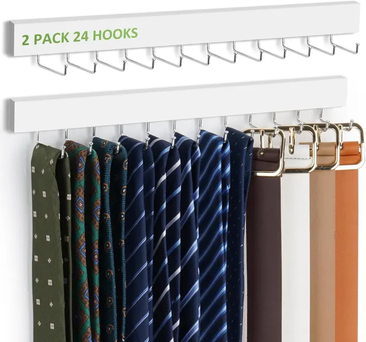Wooden 2-Pack Tie Hanger — Wall-Mounted Rack with 24 Rotating Hooks